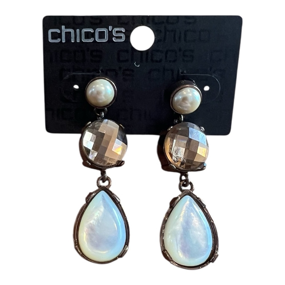 Chico's Iridescent Teardrop Dangle Earrings - Pearl & Crystal Accents